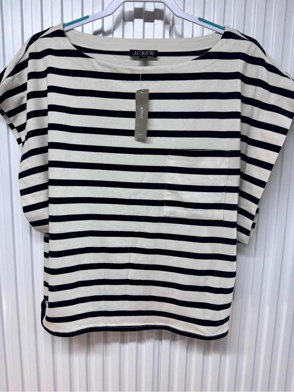 J.Crew Preppy Minimalist Striped Boat Neck Short Sleeve Pocket Knit Top SZ XL